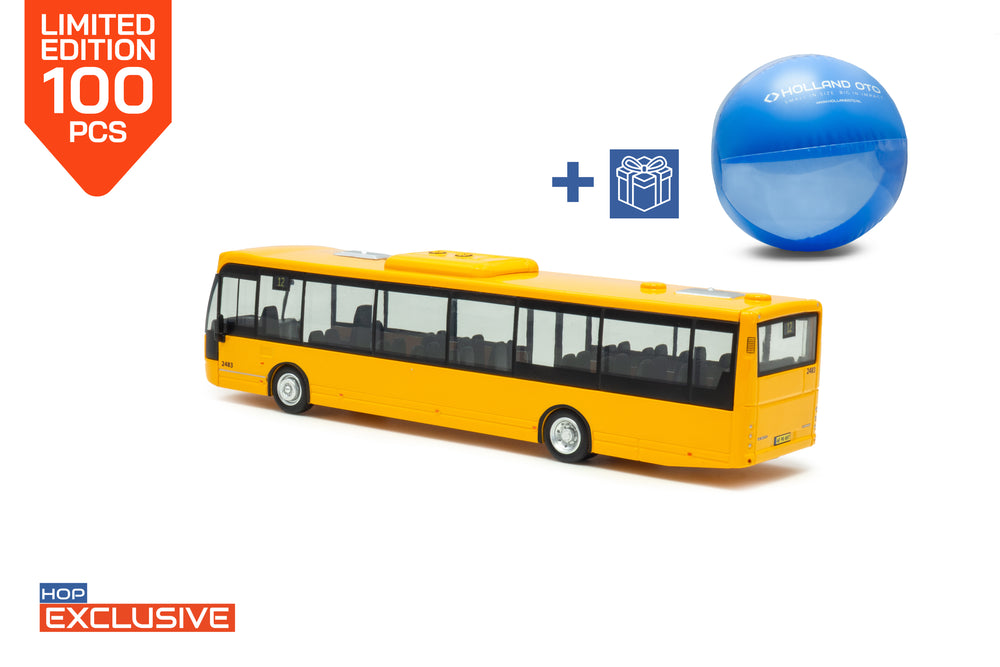 Gele VDL Ambassador miniatuurbus in schaal 1:87 in de uitvoering Movia. Lijn 12 Kobenhavns Radhusplads