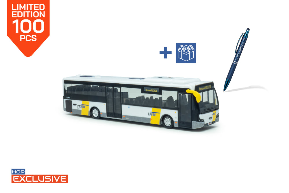 Vooraanzicht VDL Citea LLE miniatuurbus in schaal 1:87 in de uitvoering De Lijn bestemming Busworld 2025