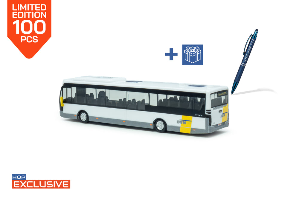 Achteraanzicht VDL Citea LLE miniatuurbus in schaal 1:87 in de uitvoering De Lijn bestemming Busworld 2025