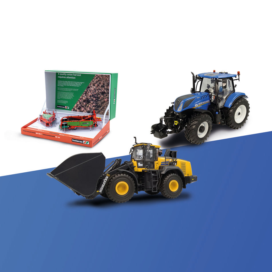 Miniatuurmodelen van het merk universal Hobbies op een wit/blauwe achtergrond