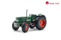 Groene DEUTZ D 130 06 miniatuur tractor in schaal 1:32 met frontgewicht en rode velgen.