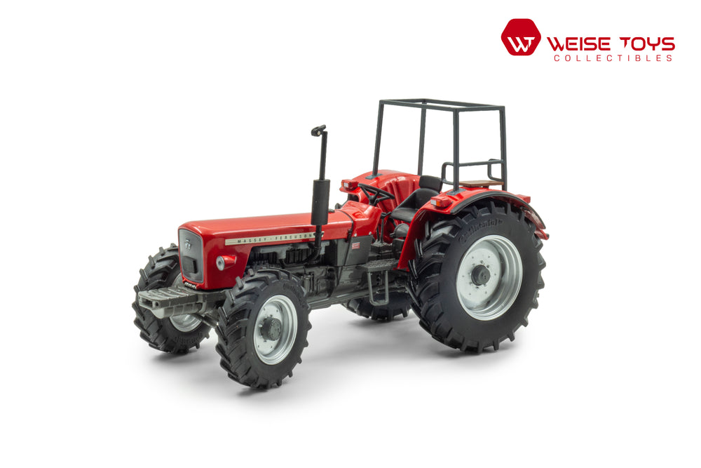zij/vooraanzicht van een rode Massey Ferguson Wotan ll  miniatuur tractor in de schaal 1 op 32 met frontgewicht.