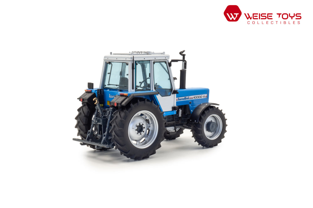 zij/achteraanzicht van een blauwe Landini 10000 S miniatuur tractor in de schaal 1 op 32 met zilveren cabine.