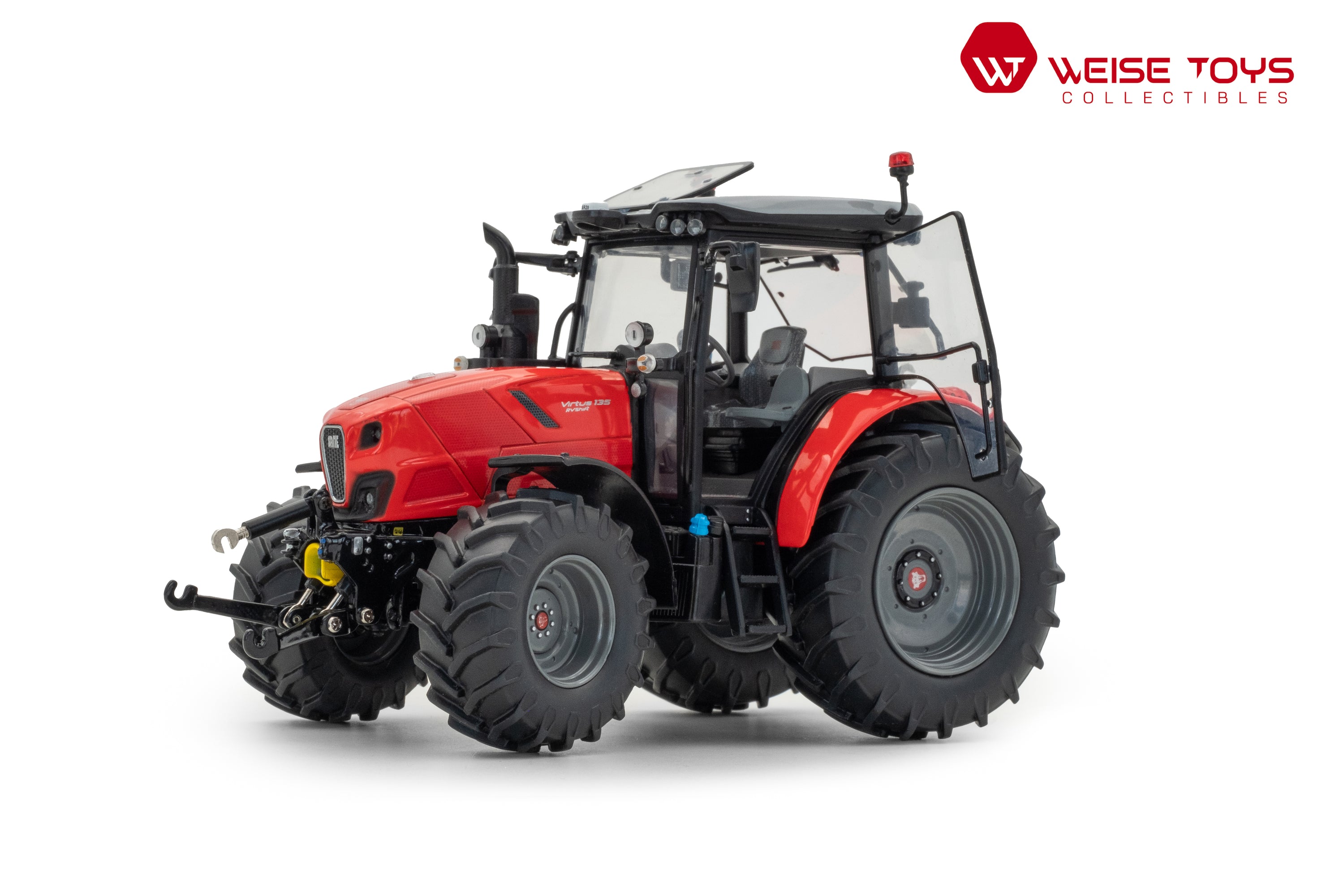 Vooraanzicht van een rode Same virtus 135 RV shift miniatuur tractor in schaal 1:32 van het merk Weise Toys