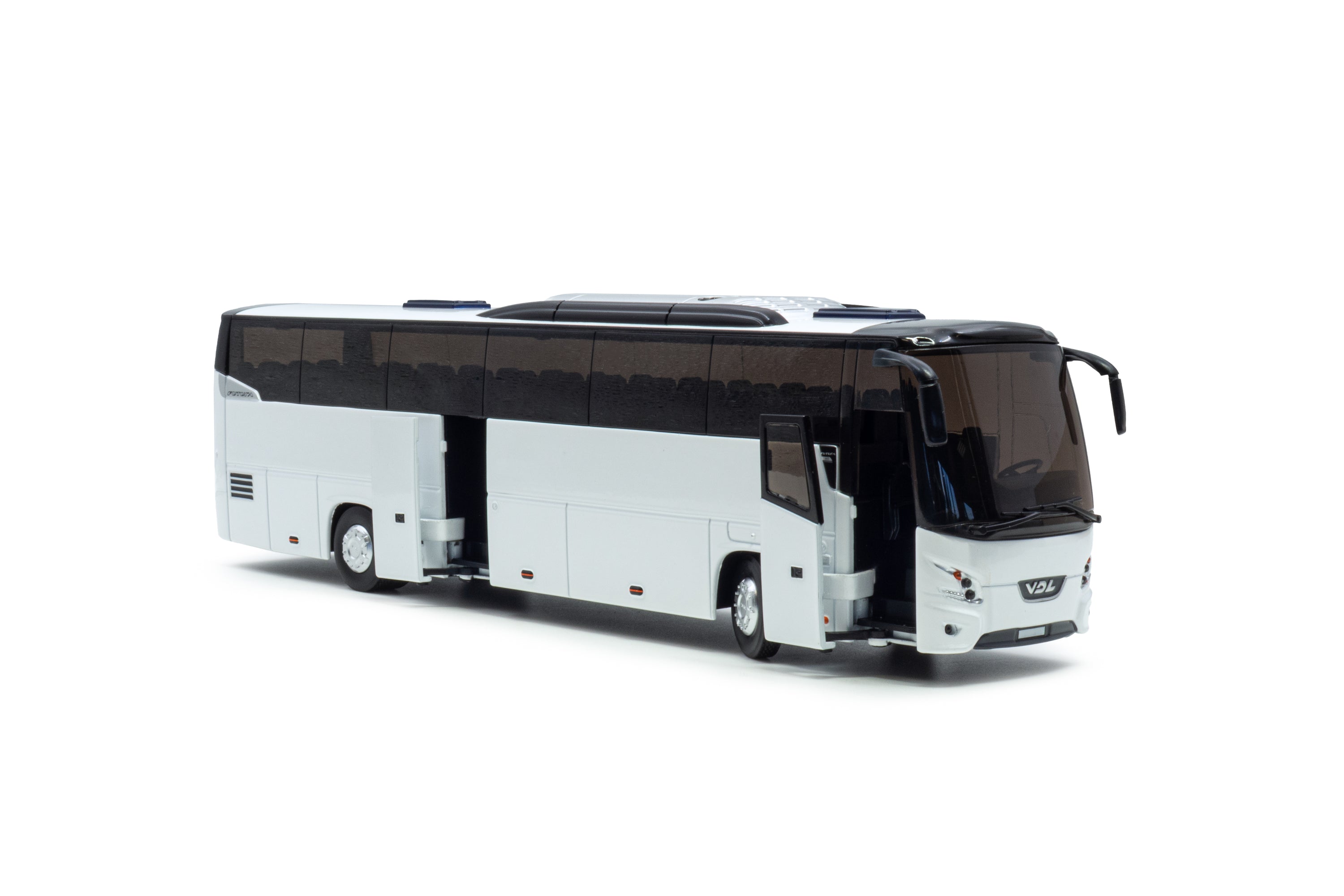 Vooraanzicht van een witte VDL Futura miniatuurbus in schaal 1:50 in basis witte uitvoering.