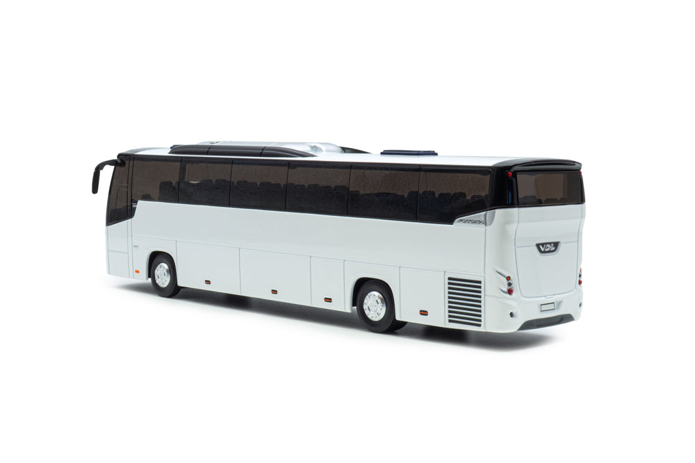 Achteraanzicht van een witte VDL Futura miniatuurbus in schaal 1:50 in basis witte uitvoering.