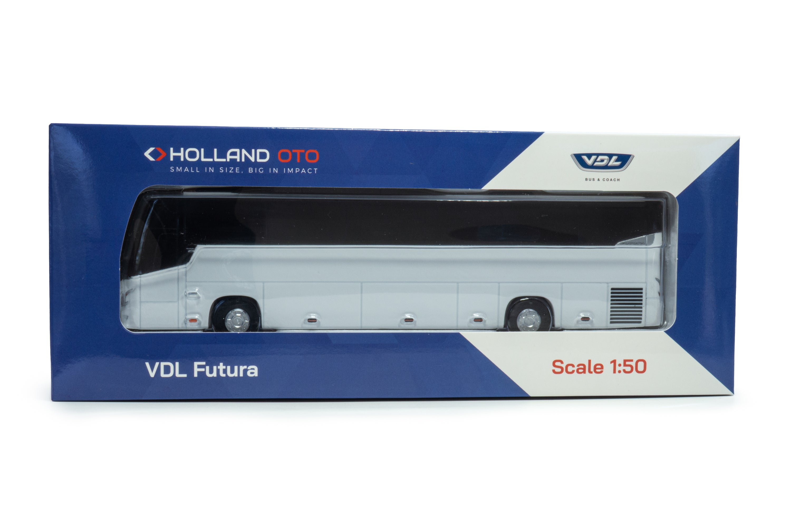 Zijaanzicht van een witte VDL Futura miniatuurbus in schaal 1:50 in basis witte uitvoering in de verpakking.