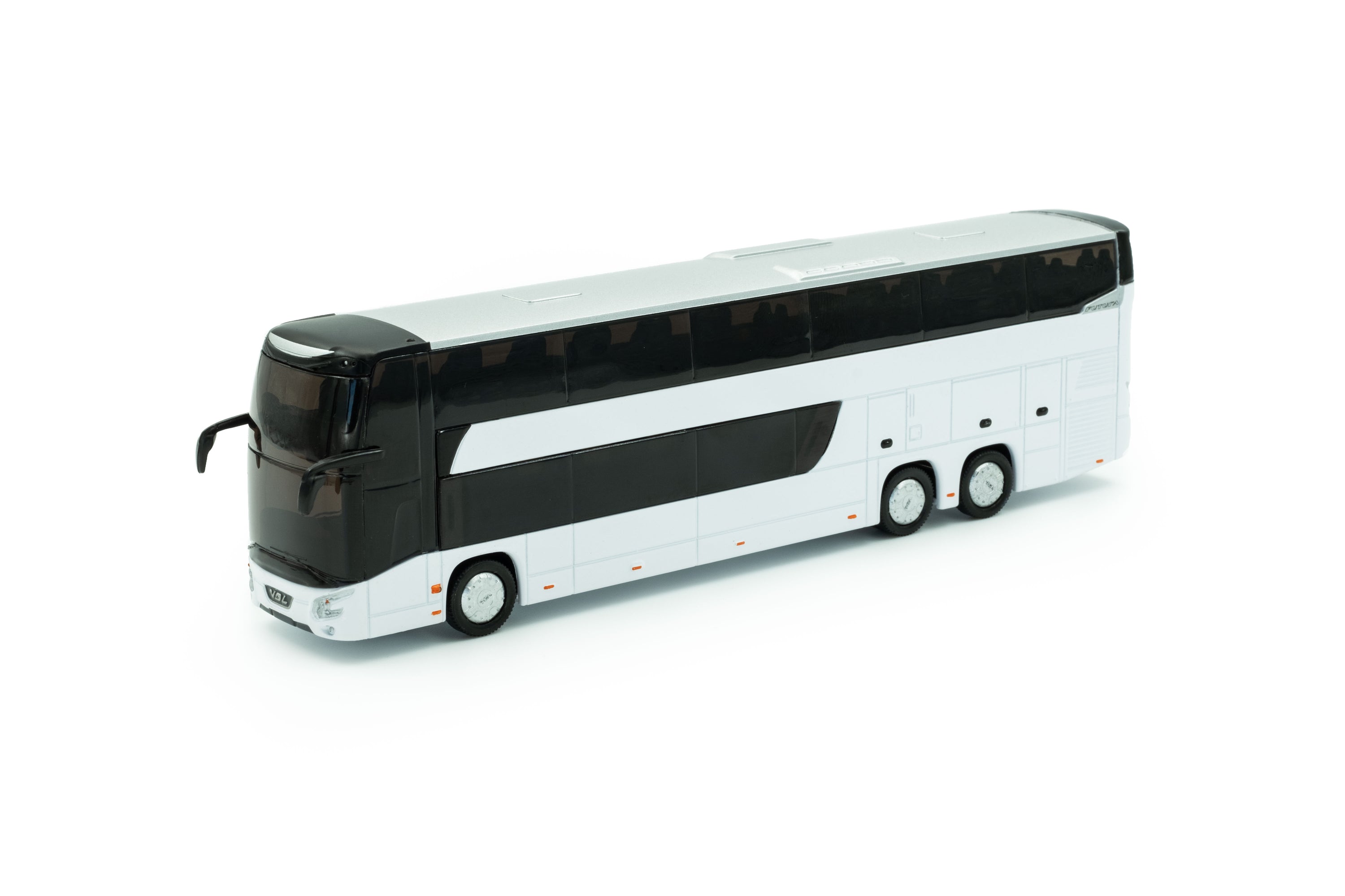 Zij/voorraanzicht van een witte VDL Futura DD miniatuurbus in de schaal 1:87 van het merk Holland Oto