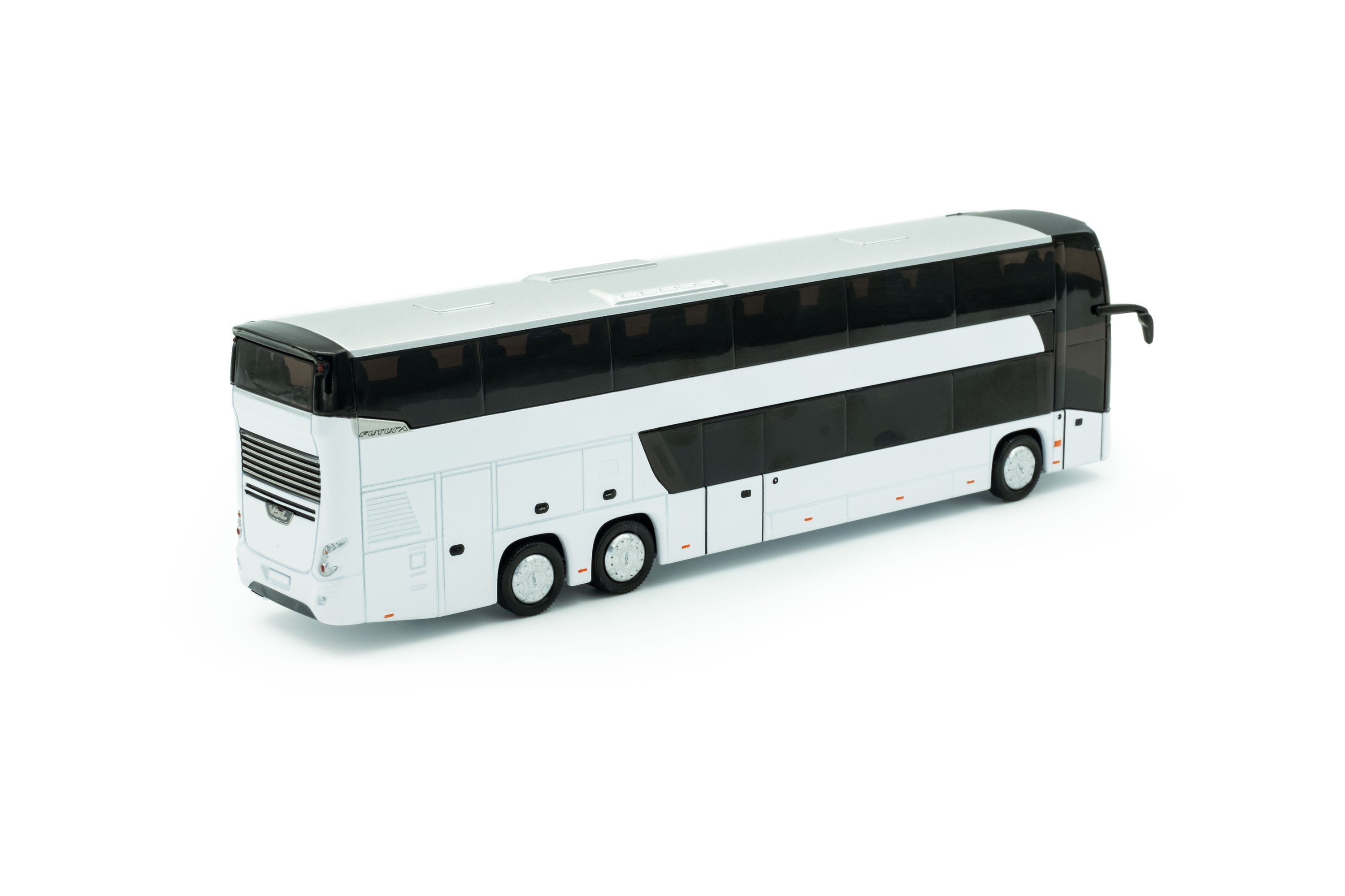 zij/achteraanzicht van een witte vdl Futura DD miniatuur bus in de schaal 1 op 87 in de basis witte uitvoering. 