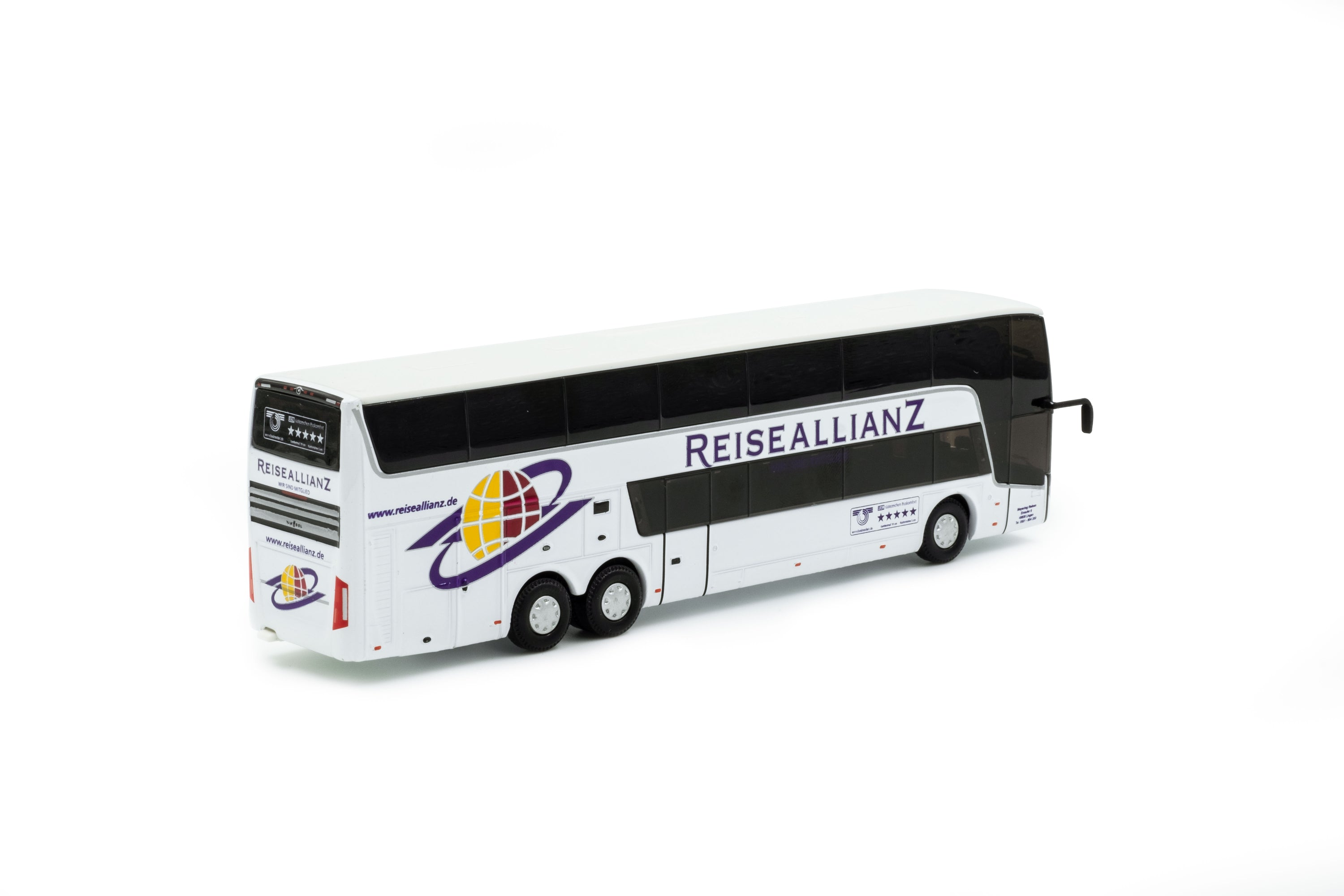 zij/achteraanzicht van een witte van hool astromega TX miniatuur bus in de schaal 1 op 87 in de uitvoering van Reise Allianz. 