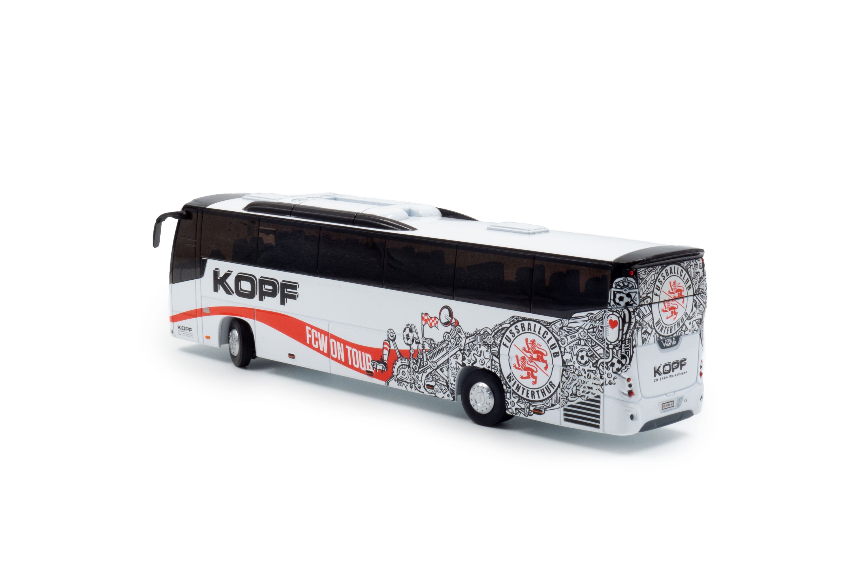 zij/achteraanzicht van een witte VDL Futura miniatuur bus in de schaal 1 op 50 in Kopf - winterthur uitvoering. 