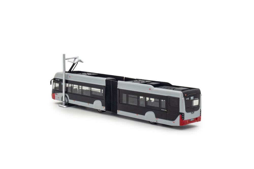 zij/achteraanzicht van een VDL Citea SLFA miniatuur Harmonicabus in de schaal 1 op 87 in de grijs/rode uitvoering van KVB Koln. Lijn 141