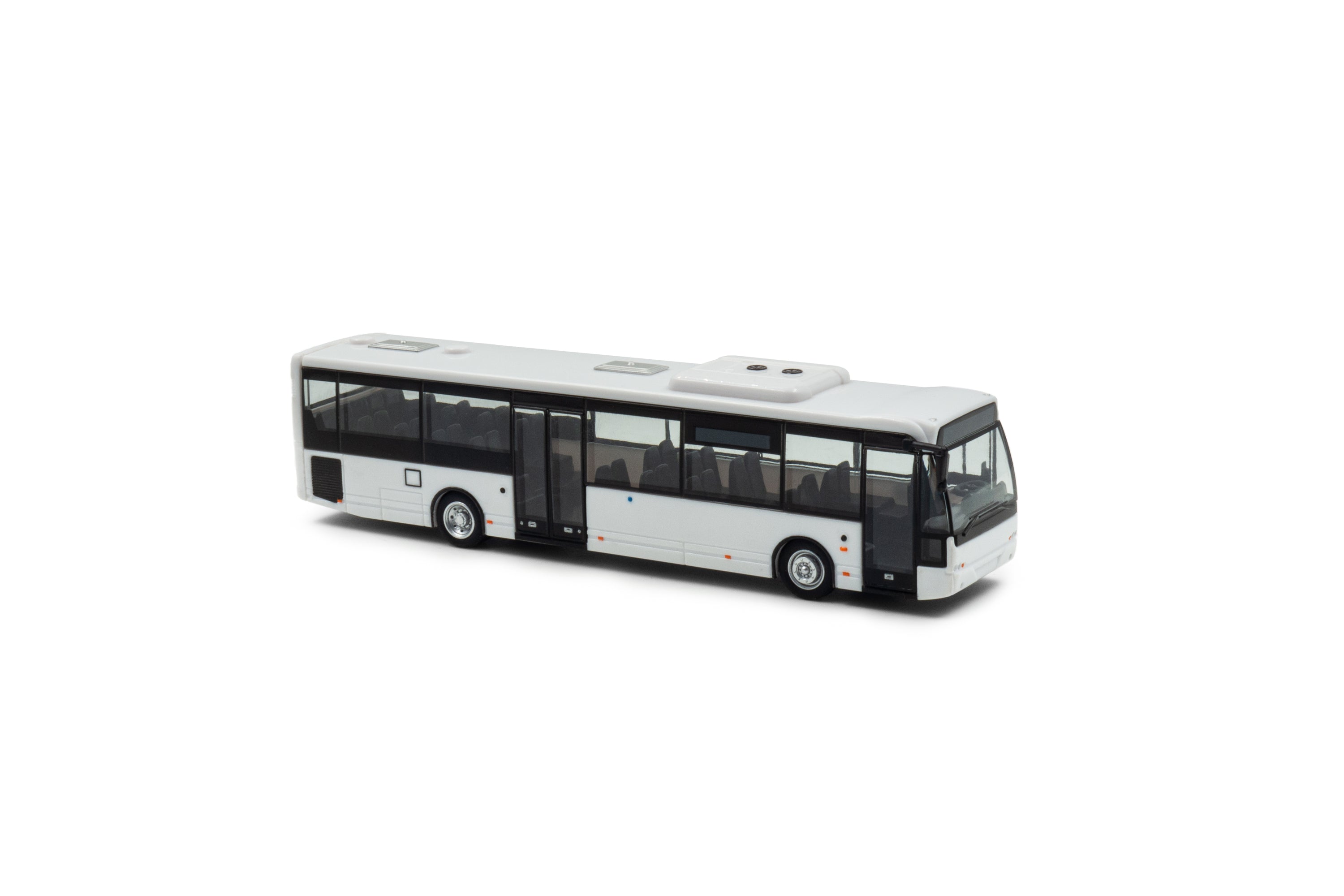 Voor/zijaanzicht van een VDL Ambassador miniatuurbus in schaal 1:87 optie B met airco in voor.