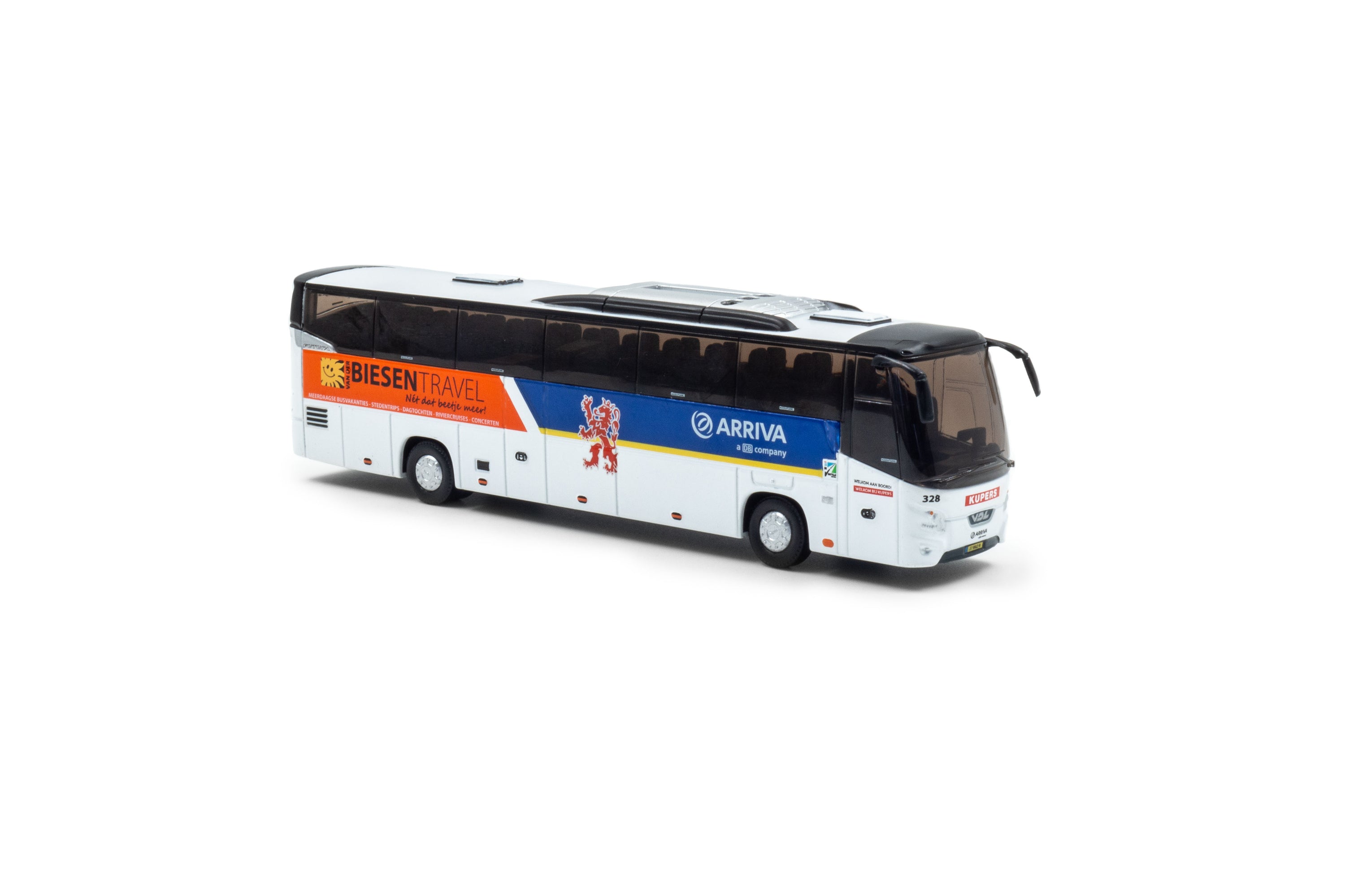 Zij/vooraanzicht van een wit/blauwe VDL Futura miniatuurbus in de schaal 1:87 van het merk Holland Oto. In de  uitvoering van Arriva-Van der Biesen travel.