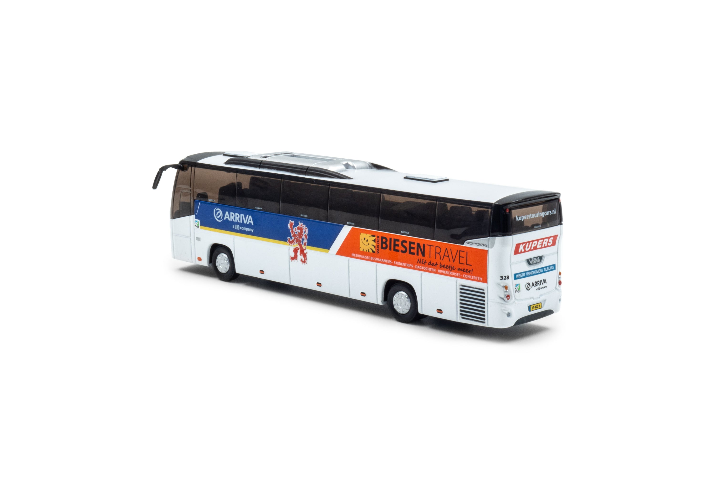 zij/achteraanzicht van een witte futura miniatuur bus in de schaal 1 op 87 in arriva/ kupers uitvoering. 