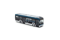 Zij/vooraanzicht van een wit/blauwe VDL Citea LF 122 miniatuurbus in de schaal 1:87 van het merk Holland Oto. In de  Promo uitvoering.