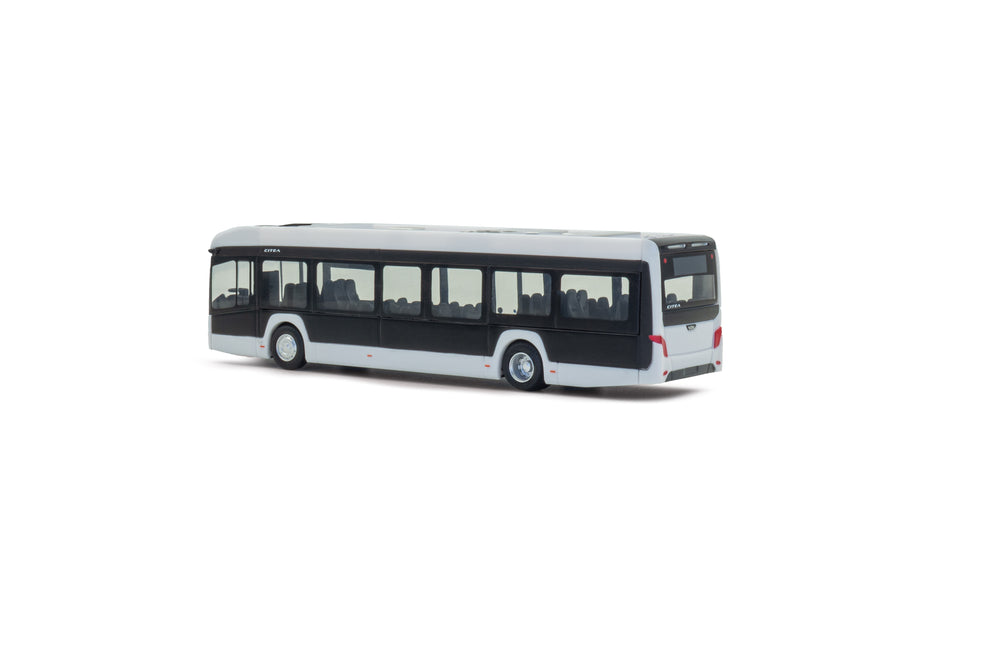 Achteraanzicht van de witte miniatuurbus VDL Citea LF-122 in schaal 1:87
