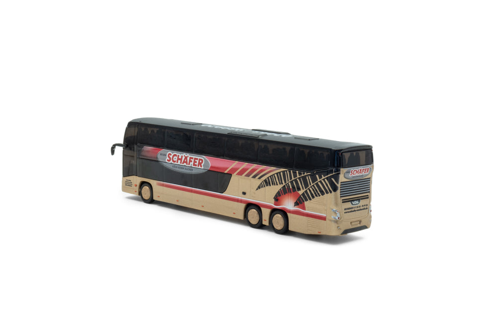 zij/achteraanzicht van een Bronze futura dd miniatuur bus in de schaal 1 op 87 in schäfer uitvoering. 