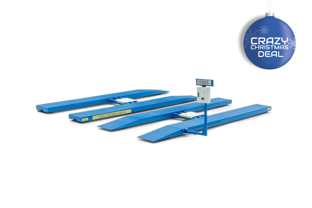 Blauwe miniatuur weegbrug in schaal 1:32 van het merk welvaarts, geproduceerd door Holland Oto 