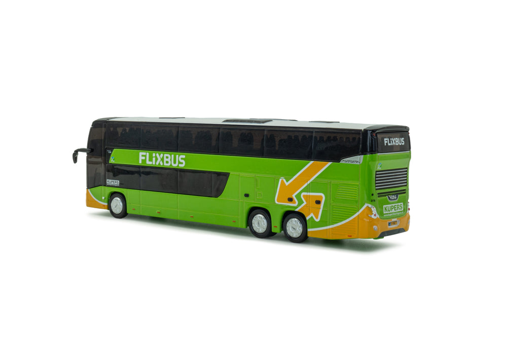 Achteraanzicht van groene VDL Futura DD miniatuurbus in schaal 1:87 in de uitvoering van Flixbus. Lijn 823 Paris.