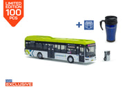 Vooraanzicht van een Ebusco 2.2 miniatuurbus in schaal 1:87 in de uitvoering Connexxion,  lijn 3 Haarlem Noord via Delftplein 