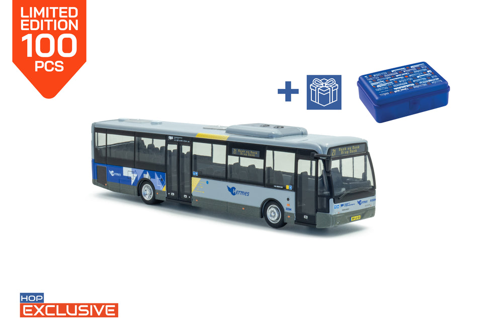 Vooraanzicht van een grijze VDL Ambassador miniatuurbus in schaal 1:87 in de uitvoering Hermes. Lijn 21 bestemming Beek en Donk