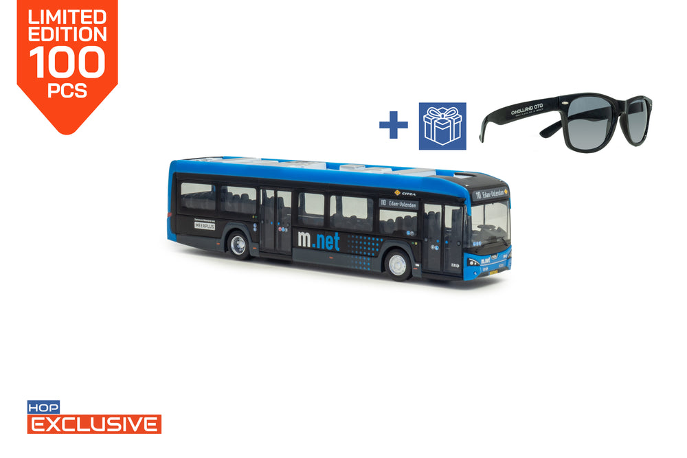 Vooraanzicht van VDL Citea LF-122 miniatuurbus in schaal 1:87. in de uitvoering M.net Lijn lijn 110 Edam-Volendam