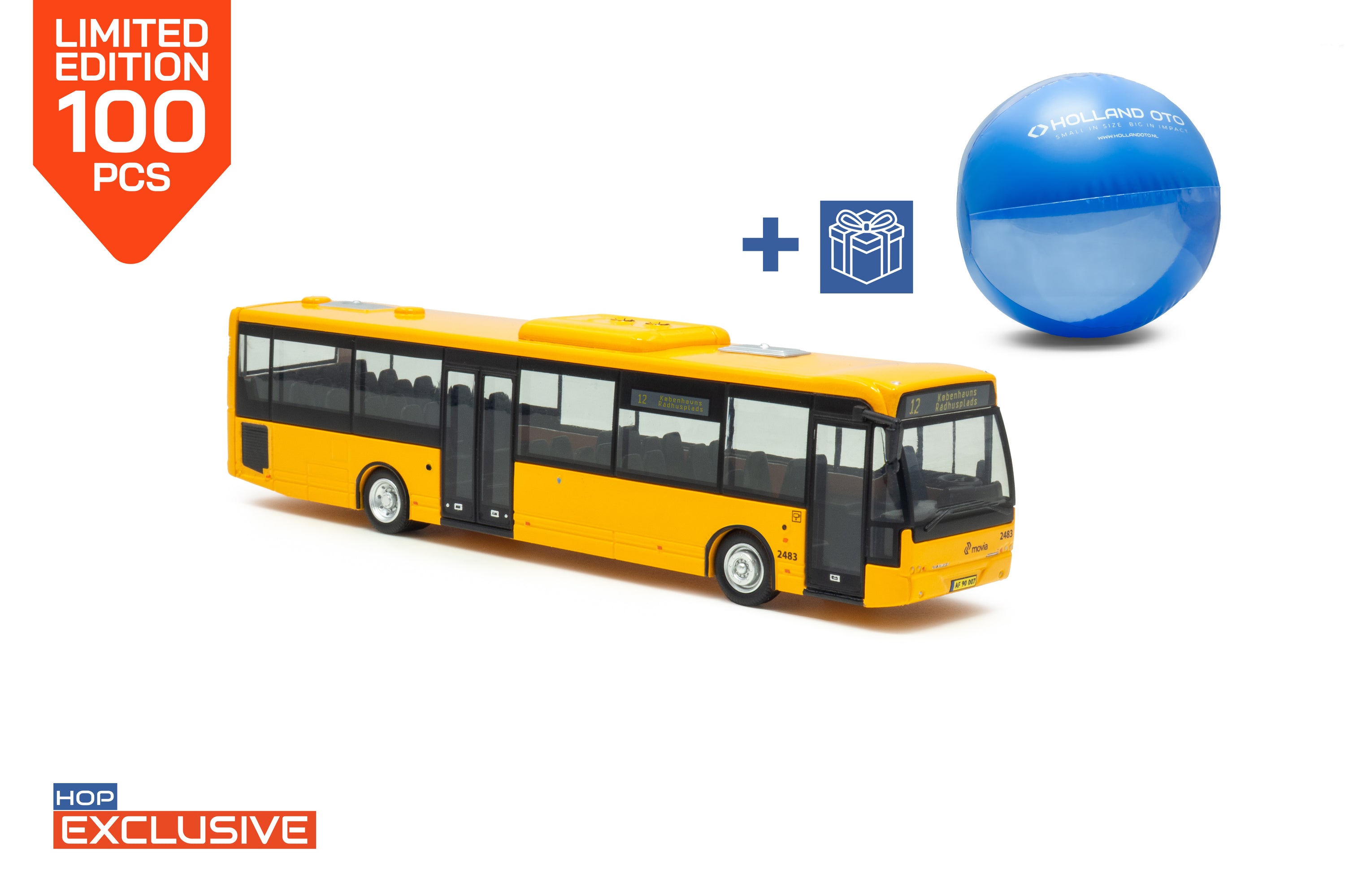 Vooraanzicht gele vdl Ambassador miniatuurbus in schaal 1:87 in uitvoering Movia