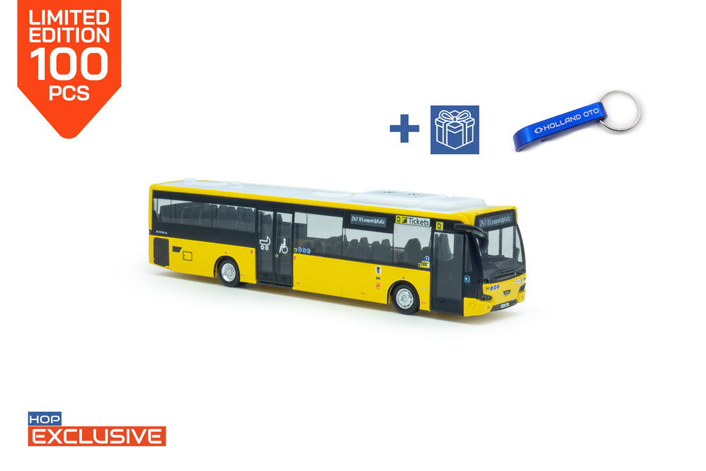 Gele VDL Citea LLE miniatuurbus in schaal 1:87. In de uitvoering BVG Berlin, Lijn 247 bestemming U Leopoldplatz