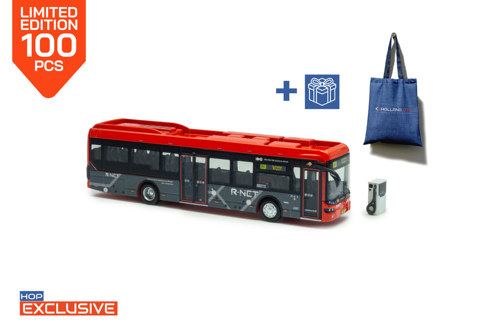 Rode Ebusco 2.2 miniatuurbus in schaal 1:87 van het merk Holland Oto. In de uitvoering van R-Net lijn 341 schiphol airport.