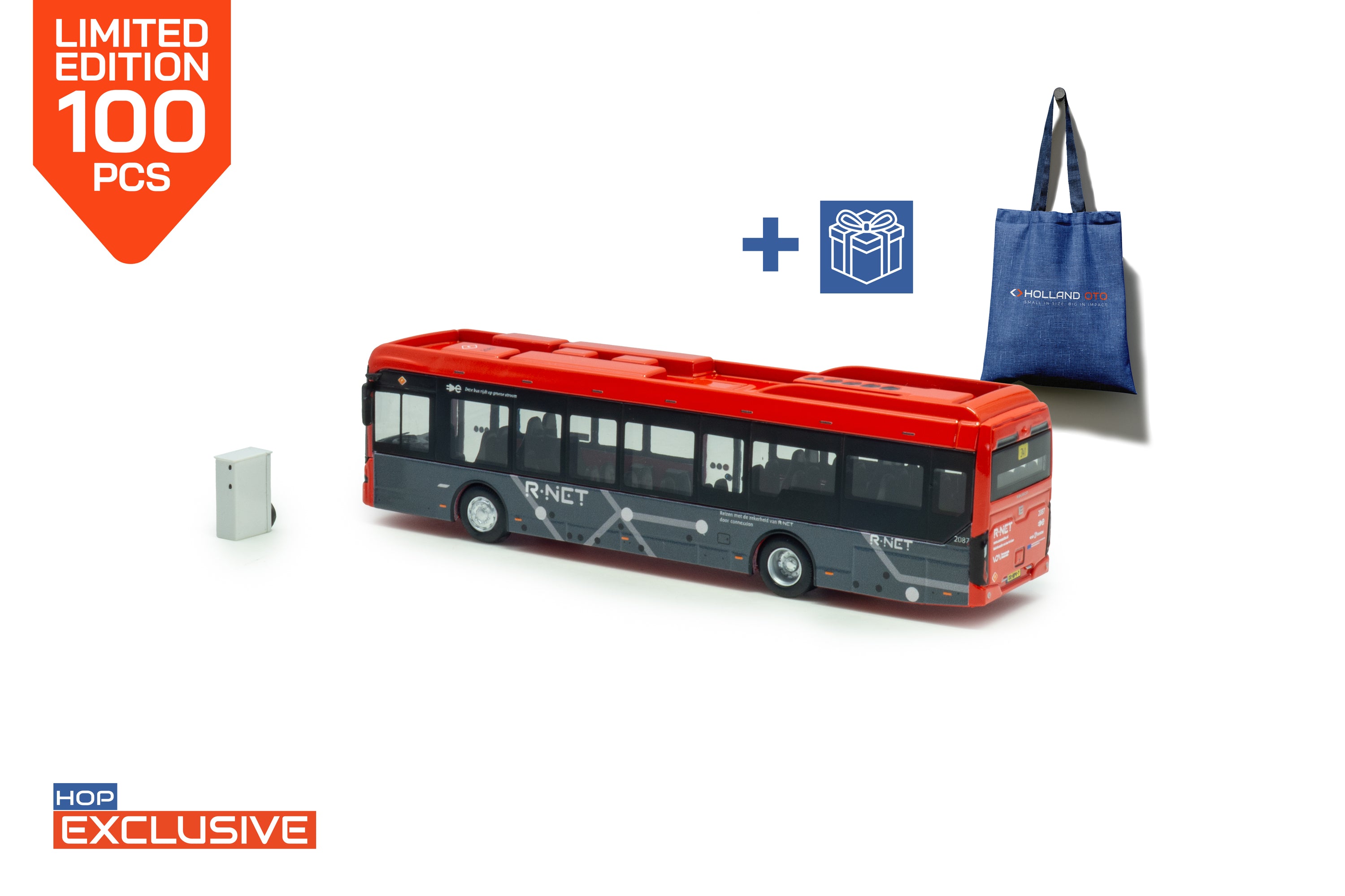 Rode Ebusco 2.2 miniatuurbus in schaal 1:87 van het merk Holland Oto. In de uitvoering van R-Net lijn 341 schiphol airport. gelimiteerde oplage van 100 stuks. HOP Exclusive item