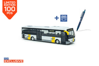 Vooraanzicht VDL Citea LLE miniatuurbus in schaal 1:87 in de uitvoering De Lijn bestemming Busworld 2025