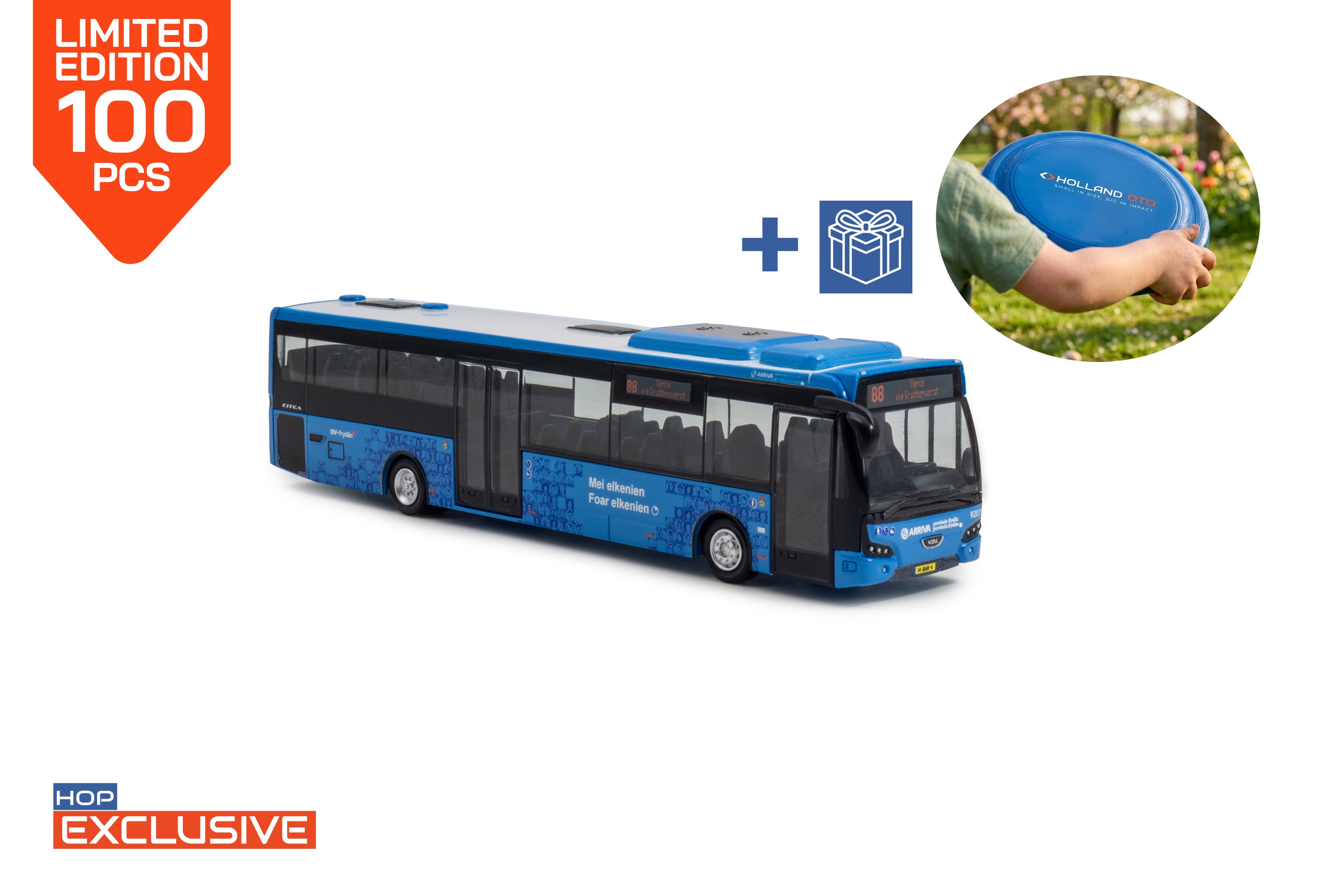 Een blauwe VDL Citea miniatuurbus in schaal 1:87 een HOP Exclusive van 100 stuks