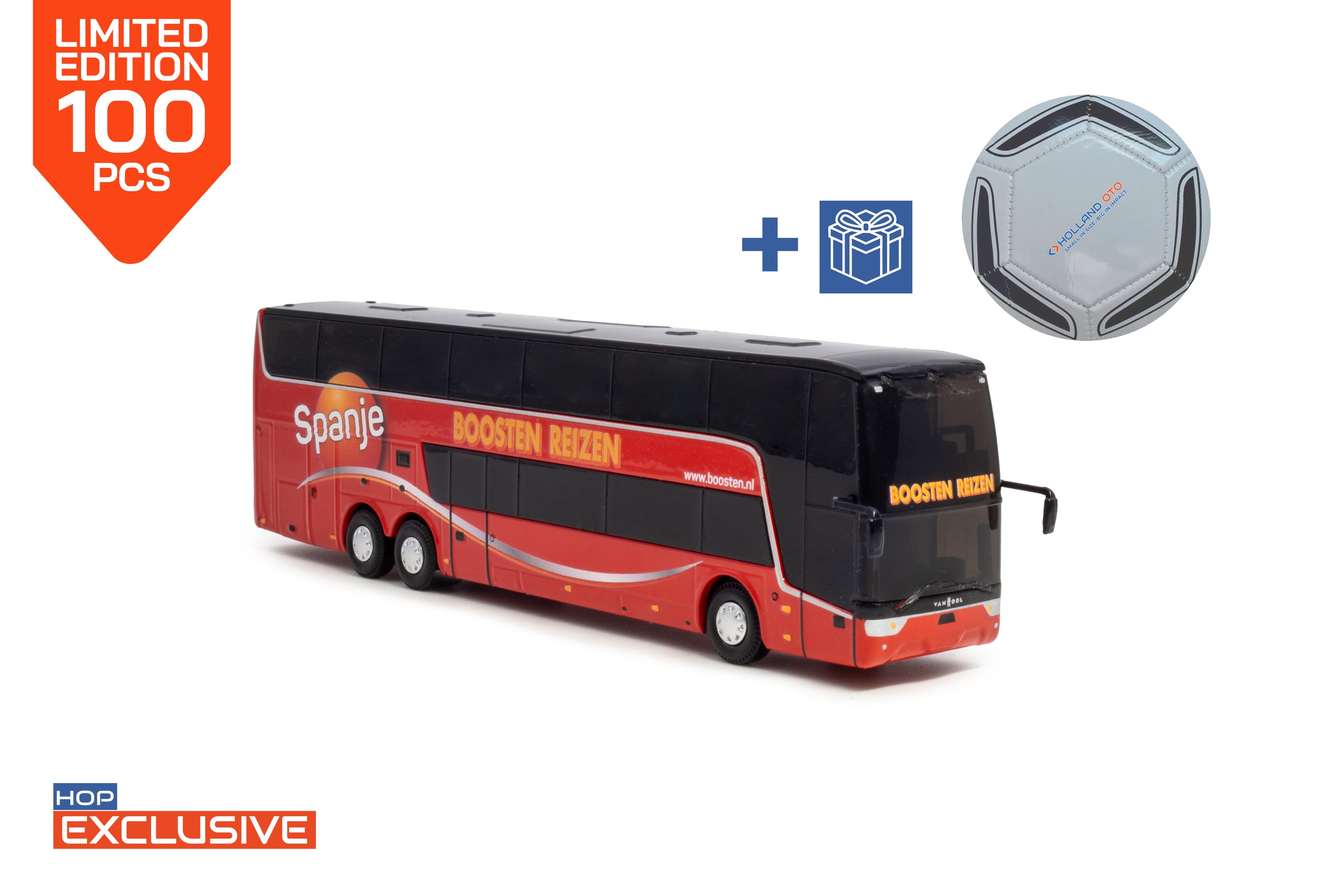 Een rode Hop exclusive schaalmodel van de Van hool Astromega TX in de uitvoering van Boosten Reizen in de schaal 1:87