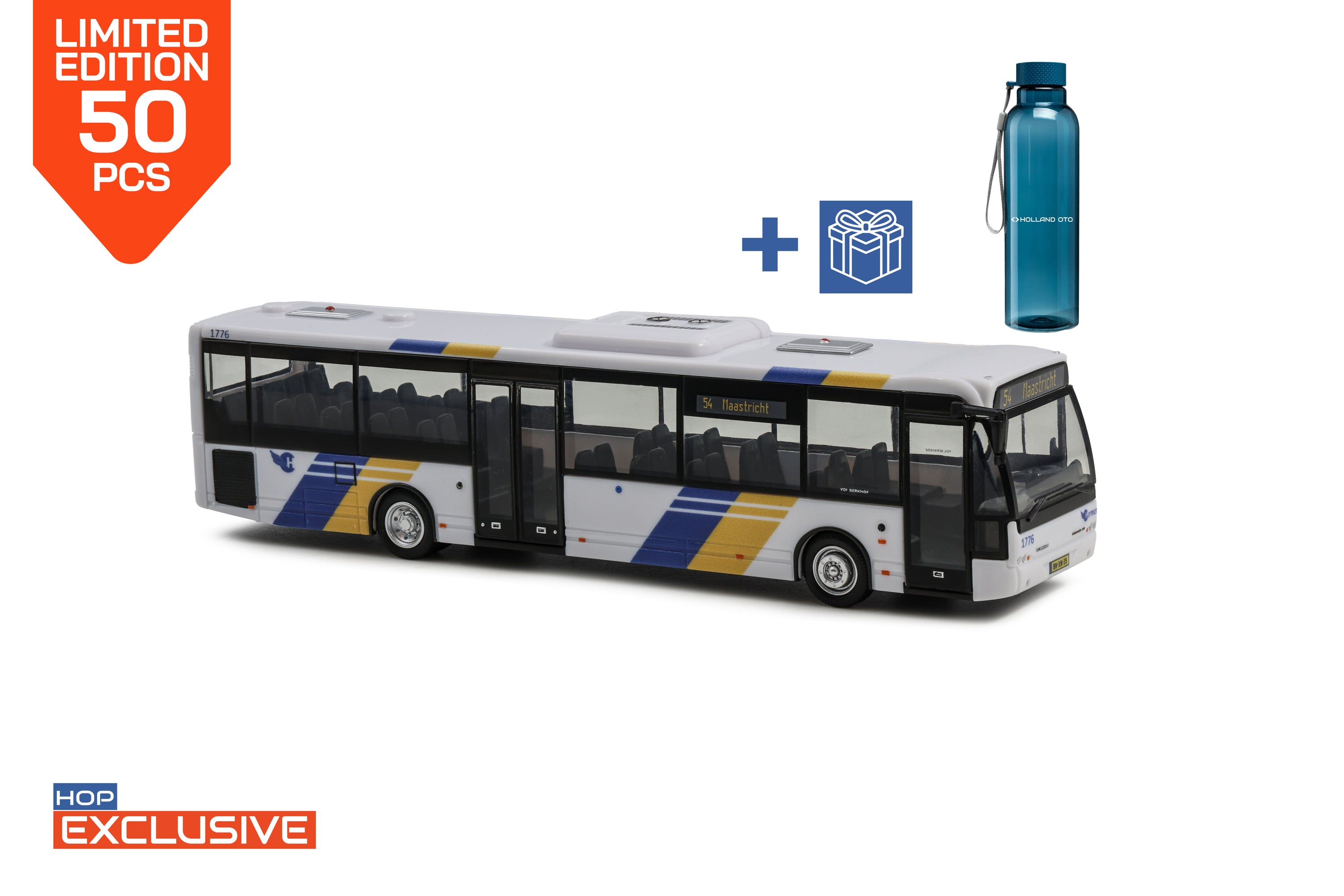 Holland Oto miniatuurbus van de VDL Ambassador in de wit-blauwe Hermes huisstijl, lijn 54 richting Maastricht, schaal 1:87. Hop exclusives model van 50 stuks