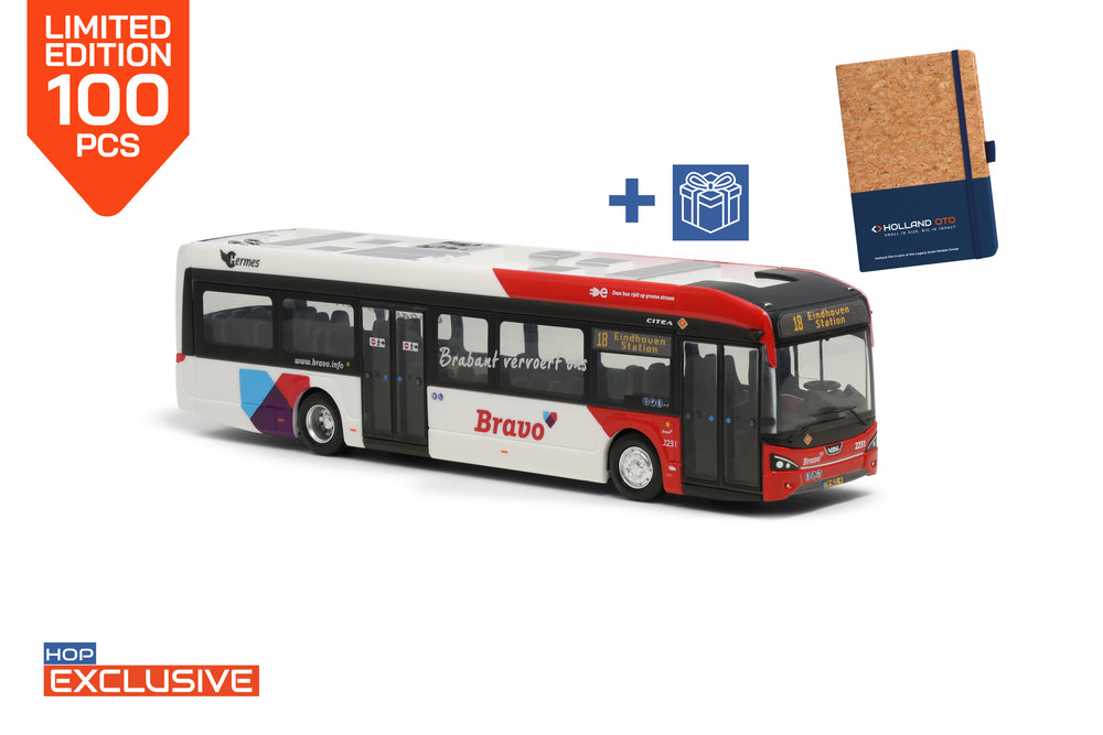 VDL Citea LF-122 miniatuurbus in schaal 1:87 in de uitvoering Bravo - Hermes. Lijn 18 Eindhoven Station. Een HOP exclusive van 100 stuks