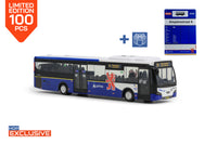 Vooraanzicht van blauwe VDL Citea LLE miniatuurbus in de uitvoering van Arriva Limburg lijn 73 Roermond via Thorn. Een HOP exclusive model van 100 stuks
