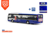 Achteraanzicht van blauwe VDL Citea LLE miniatuurbus in de uitvoering van Arriva Limburg lijn 73 Roermond via Thorn. Een HOP exclusive model van 100 stuks