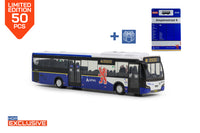 Vooraanzicht van blauwe VDL Citea LLE miniatuurbus in de uitvoering van Arriva Limburg lijn 66 Roermond via Reuver. Een HOP exclusive model van 50 stuks