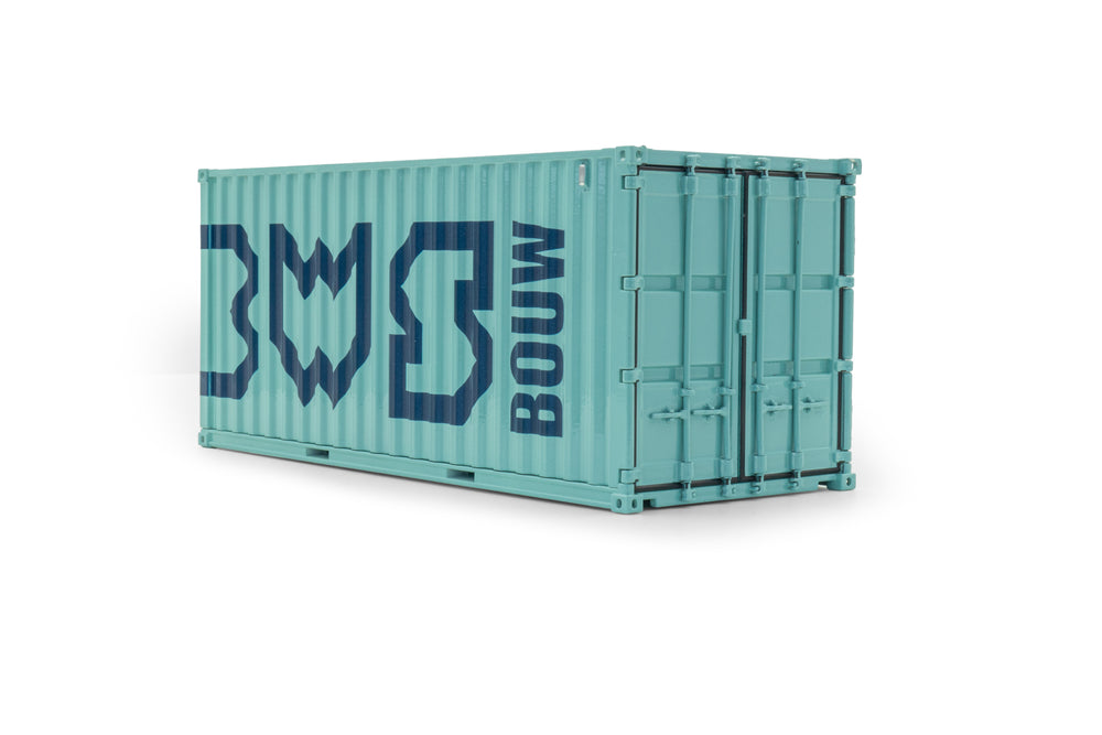 Turqoise miniatuur container in schaal 1:32 met blauwe opdruk van Bsw bouw