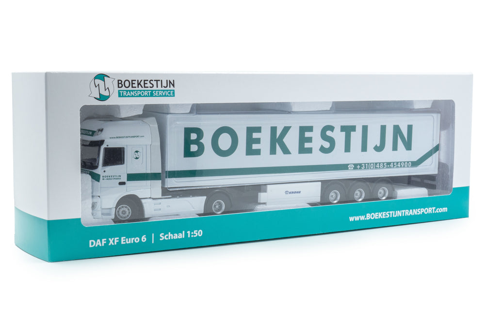 DAF XF miniatuurvrachtwagen in schaal 1:50 gepersonaliseerd in de stijl van Boekestijn met gepersonaliseerde verpakking