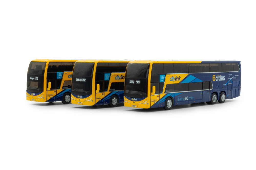 Serie van 3 Miniatuurbussen van de Plaxton Panorama in schaal 1:76 in de uitvoering van Citylink 6 cities. Lijn M10 Glasgow, Lijn M92 Edinburgh en Lijn 909 Glasgow via Stirling.